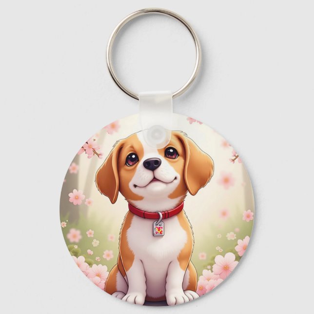 Porte-clés Chien adorable et fleurs (Recto)