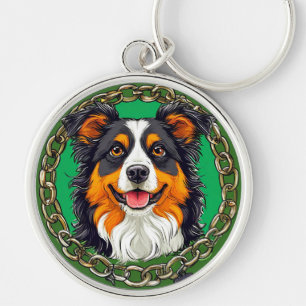 Porte-clés Chien border collie sur un fond vert avec chaîne