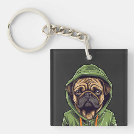 Porte-clés Chien carlin portant Sweat - shirt à capuche vert
