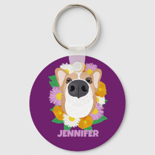 Porte-clés Chien de Corgi avec fleurs violet Personnalisé