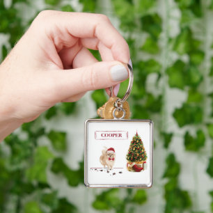 Porte-clés Chien de Noël poméranien drôle avec arbre