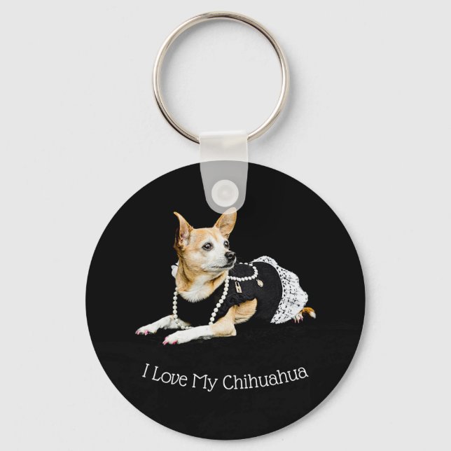 Porte-clés Chien mignon Tan Blanc Noir J'aime Mon Chihuahua (Recto)