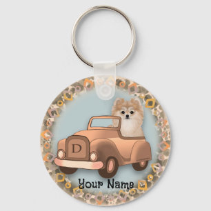 Porte-clés Chien Pomeranian Conduisant une Voiture