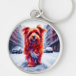 Porte-clés Chien rouge marchant dans la rue d'hiver enneigée