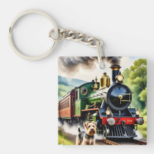 Porte-clés Chien saluant un train à vapeur