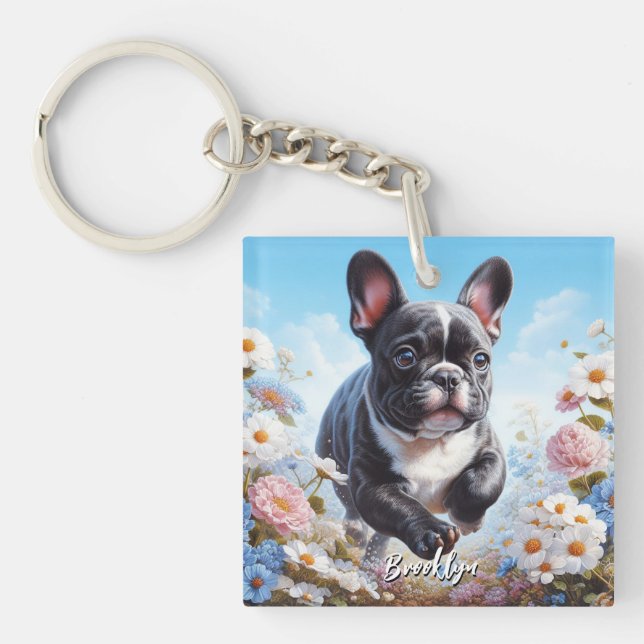 Porte-clés Chien-taureaux et fleurs français noir et blanc (Devant)