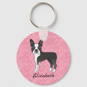 Porte-clés Chien Terrier Noir de Boston Sur Coeurs Roses Et N