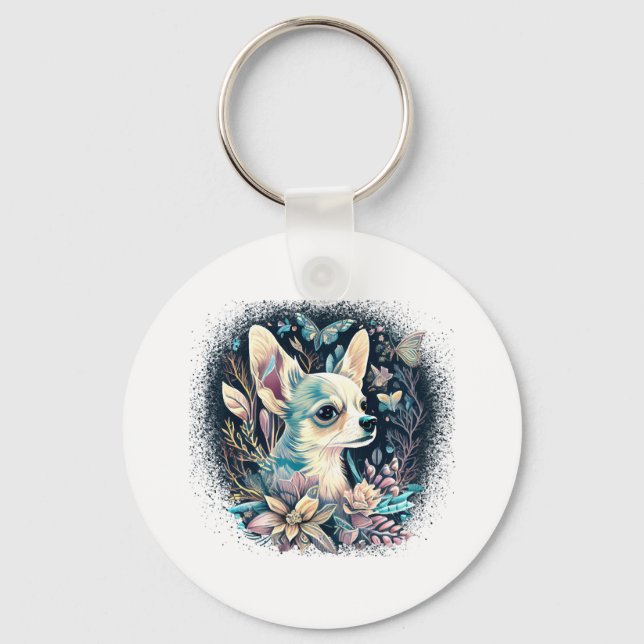 Porte-clés Chihuahua mignon chien de belles fleurs fille (Recto)