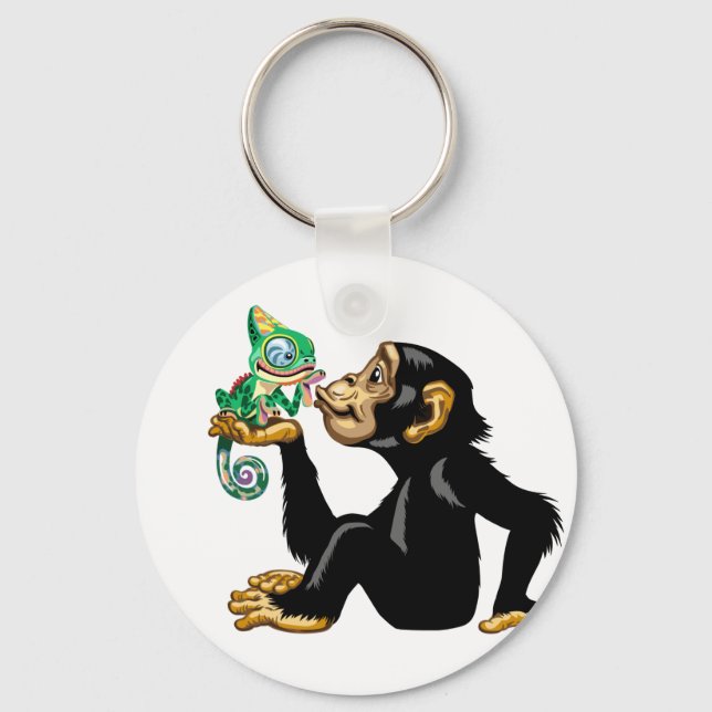 Porte-clés Chimpanzé de dessin animé tenant un caméléon (Recto)