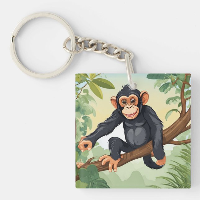 Porte-clés Chimpanzée avec sa mignonne queue sur la branche s (Devant)