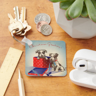 Porte-clés Chiots mignons, cartes de vœux de Noël vintage
