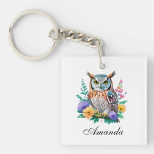 Porte-clés Chouette aquarelle et fleurs colorées