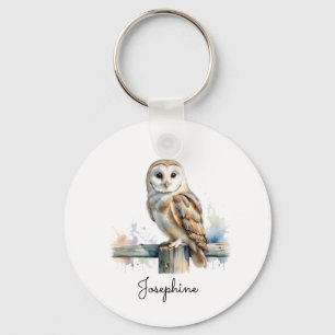 Porte-clés Chouette effraie à l'aquarelle Élégant Nom Personn