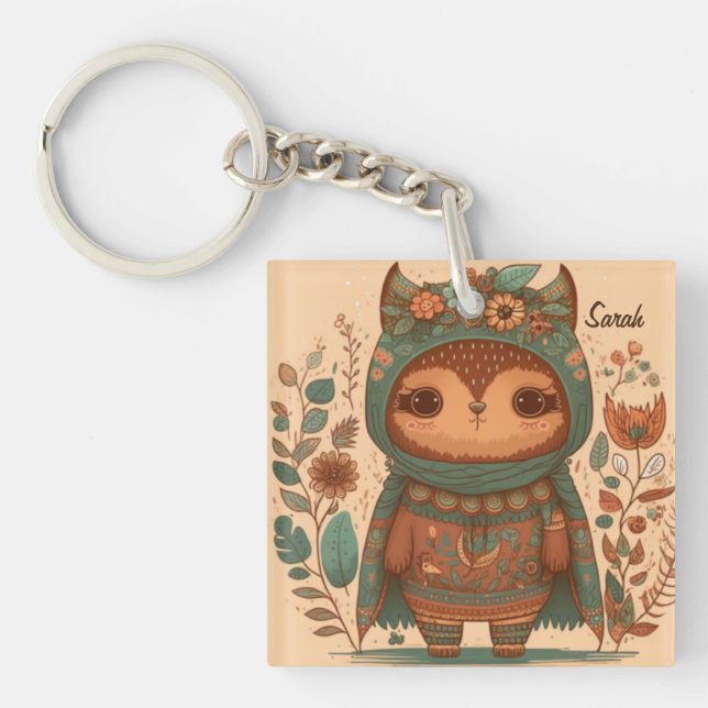 Porte-clés Chouette florale de mûre boho (Devant)