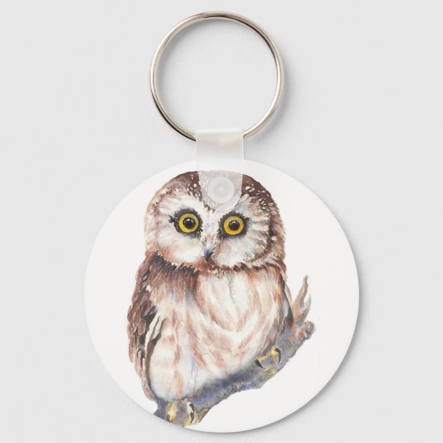 Porte-clés Chouette mignonne, Aquarelle Nature des oiseaux, (Recto)