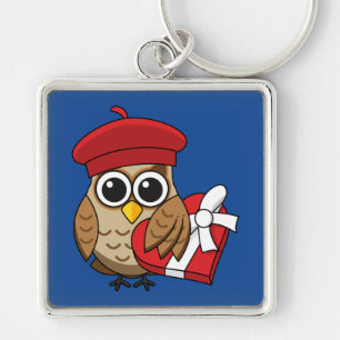 Porte-clés Chouette mignonne avec béret rouge et boîte cardia