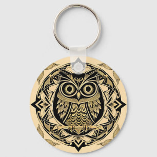 Porte-clés Chouette Ornementale Dorée avec Motif Décoratif