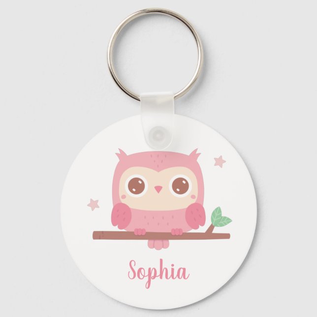Porte-clés Chouette Rose Cute Sur Branche, Filles Personnalis (Recto)