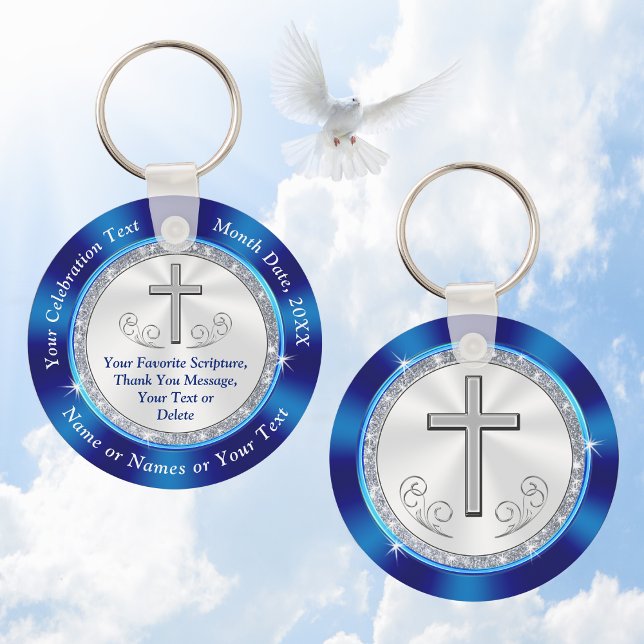 Porte-clés Chrétien Personnalisé, Favoris de l'Eglise, BULK o (Two Sided, Christian Keychains and Church Party Favors. Royal Blue and Silver Cross. Bible Scripture)