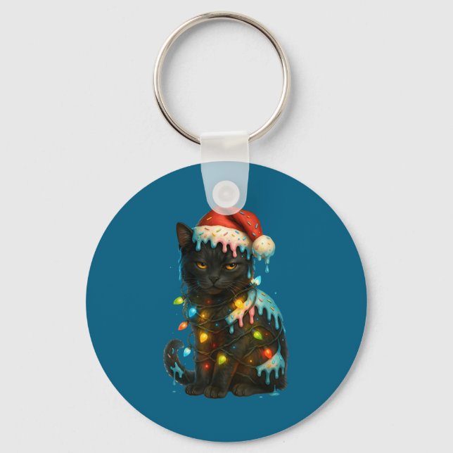 Porte-clés Christmas Black Cat Ice Cream Drip Santa Hat Cute  (Recto)