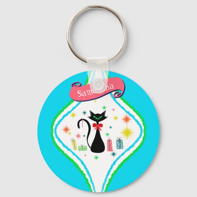 Porte-clés Christmas Retro Siamese Chat Personnaliser le nom (Recto)