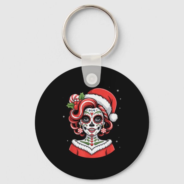 Porte-clés Christmas Sugar Skull Art Woman Santa Hat Festive  (Recto)