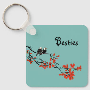 Porte-clés Citation d'amitié Deux oiseaux Monogramme Feuille 