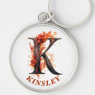 Porte-clés Citrouille Halloween Nom Lettre K Floral Monogramm