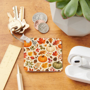 Porte-clés Citrouilles aquarelles d'automne, feuilles d'autom
