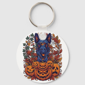 Porte-clés Citrouilles d'Halloween Pitbull Bleu Feuilles d'Au