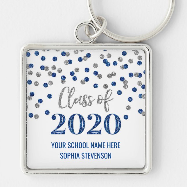 Porte-clés Classe de Graduation Argent Bleu foncé de 2020 Con (Devant)