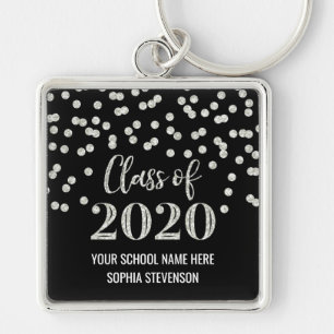 Porte-clés Classe de Graduation Argent Noir de 2020 Confetti