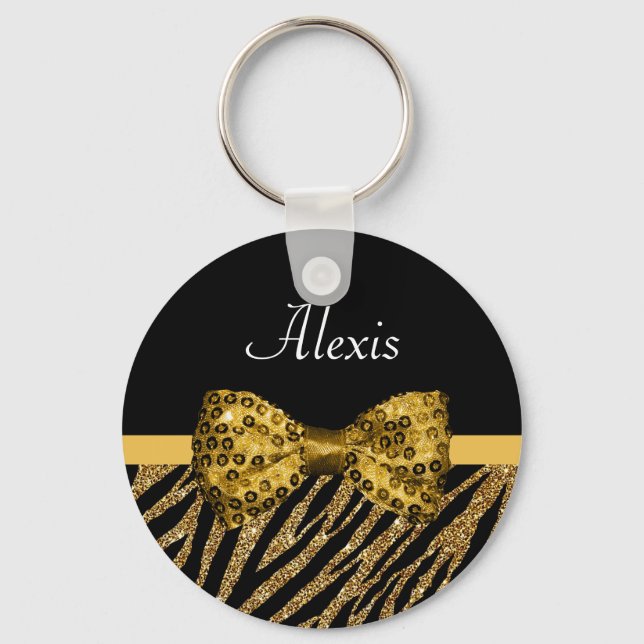 Porte-clés Classy Gold Zebra Print FAUX Glitz Bow avec nom (Recto)