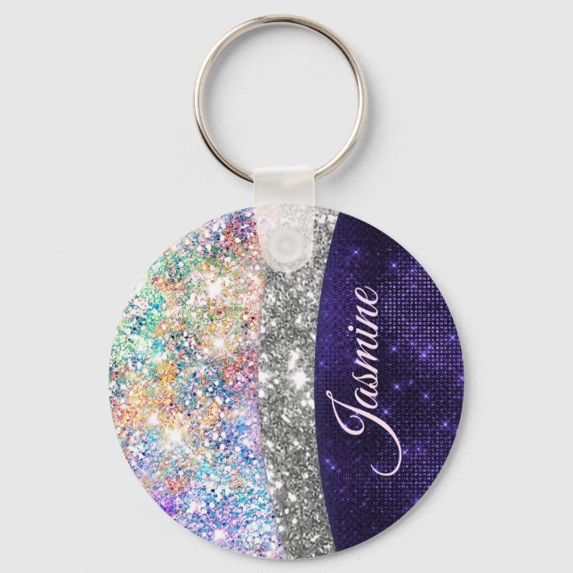 Porte-clés clé monogramme iridescente violet argent faux part (Recto)