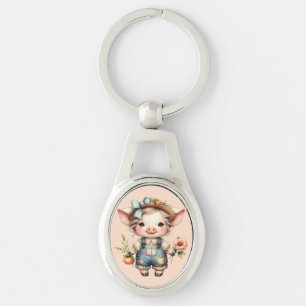 Porte-clés Cochon fermier mignon dans les salons avec fleurs