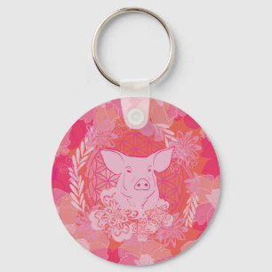Porte-clés cochon, fleur de vie, bleu, mandala, zen, chakra,