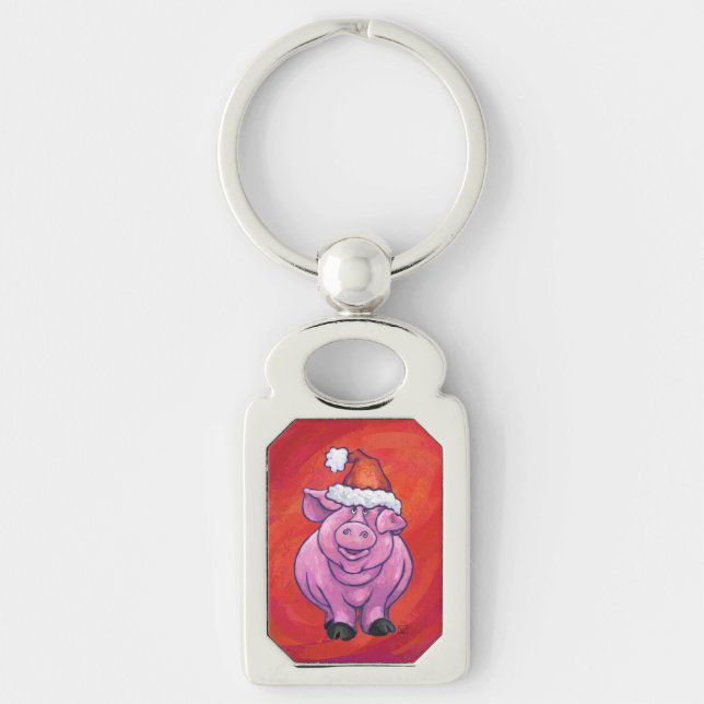 Porte-clés Cochon mignon à Santa Hat sur rouge (Devant)