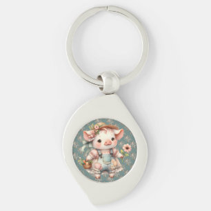Porte-clés Cochonnet Pastel Mignon en Salopette Cottagecore