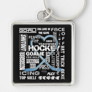 Porte-clés Cœur bleu glace Hockey Mots Logo blanc