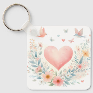 Porte-clés Cœur d'aquarelle douce Amour Fleurs Oiseaux