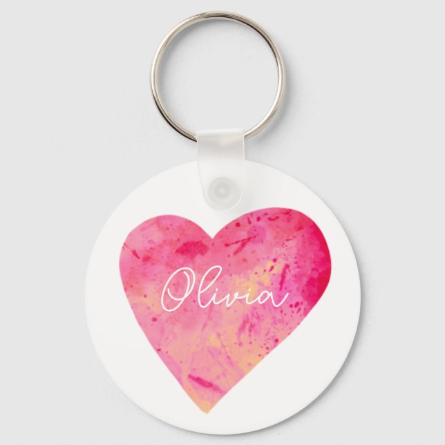 Porte-clés Coeur d'aquarelle rose fille personnalisée (Recto)
