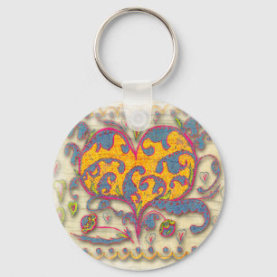Porte-clés Coeur d'art populaire avec feuilles et fleurs