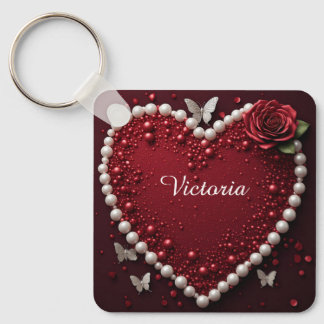 Porte-clés Cœur de Perle Rouge avec des Roses pour Décoration