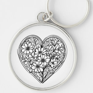porte-clés coeur fleur noir et blanc