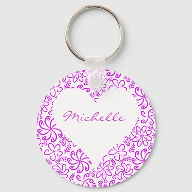 Porte-clés Coeur floral en blanc violet avec nom (Recto)