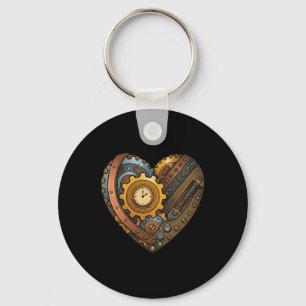 Porte-clés Cœur mécanique Steampunk avec engrenages et motif