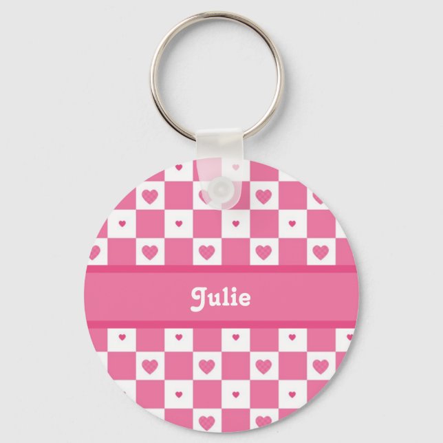 Porte-clés Coeur rose et blanc mignon Joli Carrés avec nom (Recto)