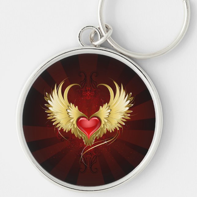 Porte-clés Coeur rouge avec ailes d'or (Devant)