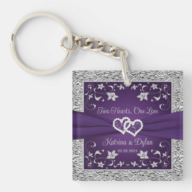 Porte-clés Cœur violet, Cœur gris, Deux cœurs, Un amour (Devant)