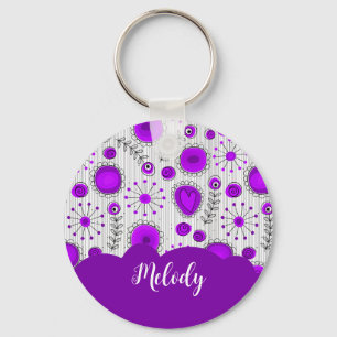 Porte-clés Coeurs blancs violet blanc Whimsical fleurs nom fl